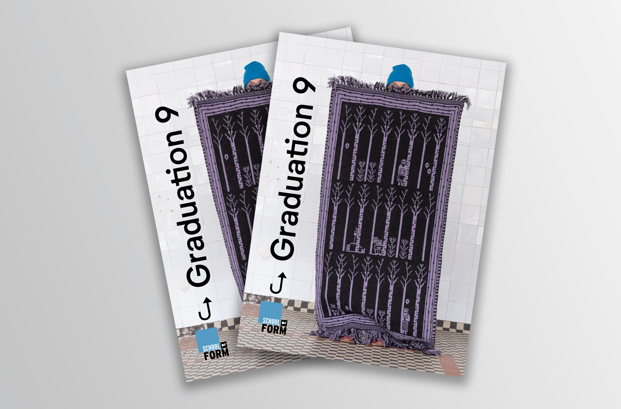 Graphic promoting the Graduation show. The background consists of the outlines of an inverted letter G, in the center is a square with the words
