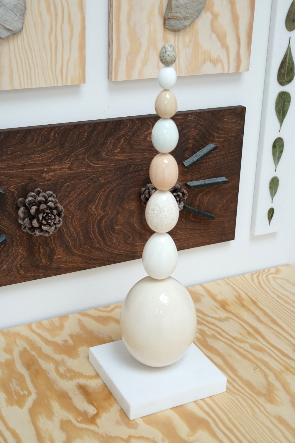 A tower made of egg-shaped objects at the “Lares and Penates” exhibitio