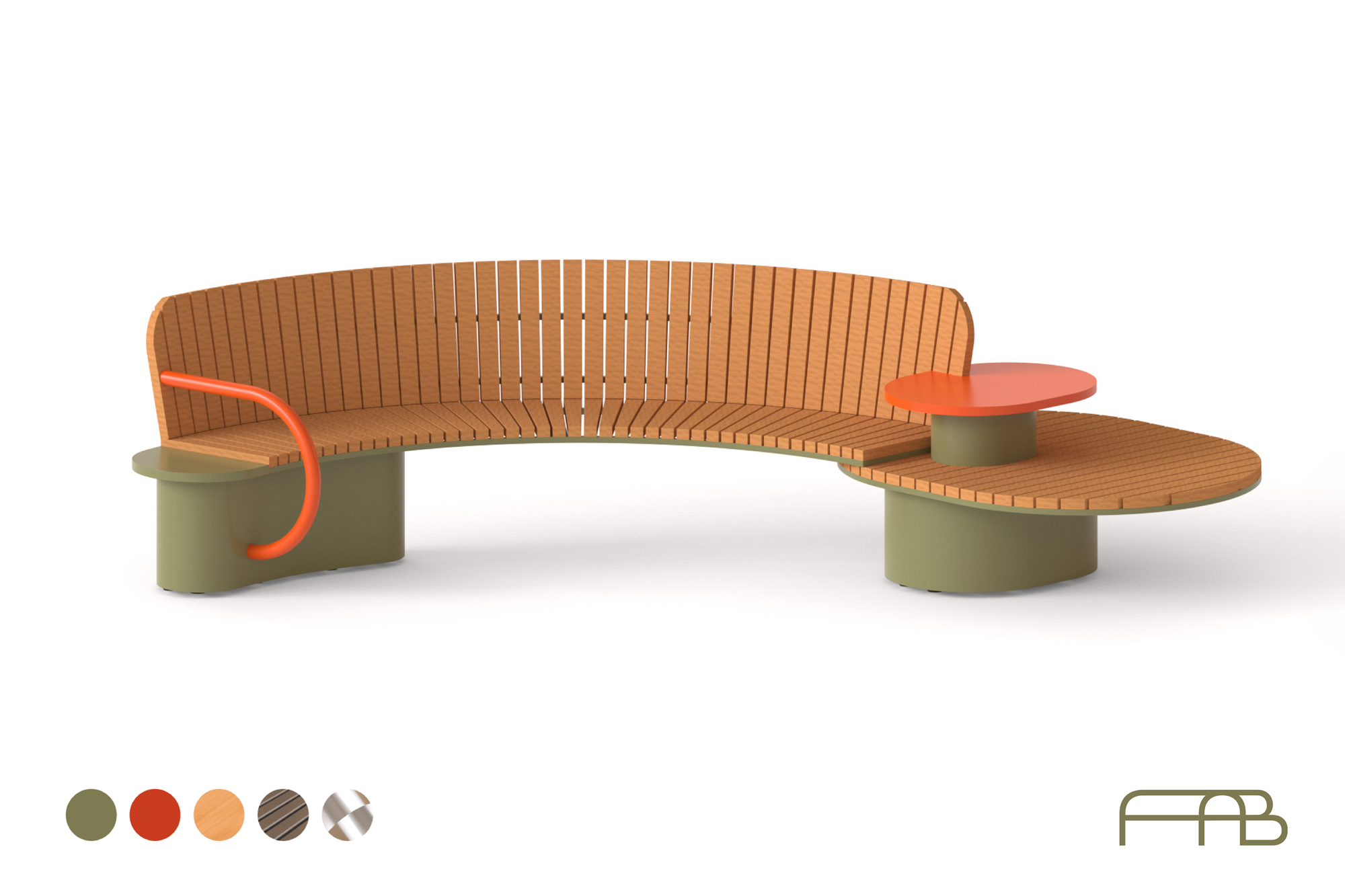 A visualization of the project showing an arch-shaped bench constructed of wooden panels, with an orange railing on one side and an attached table with seating on the other.