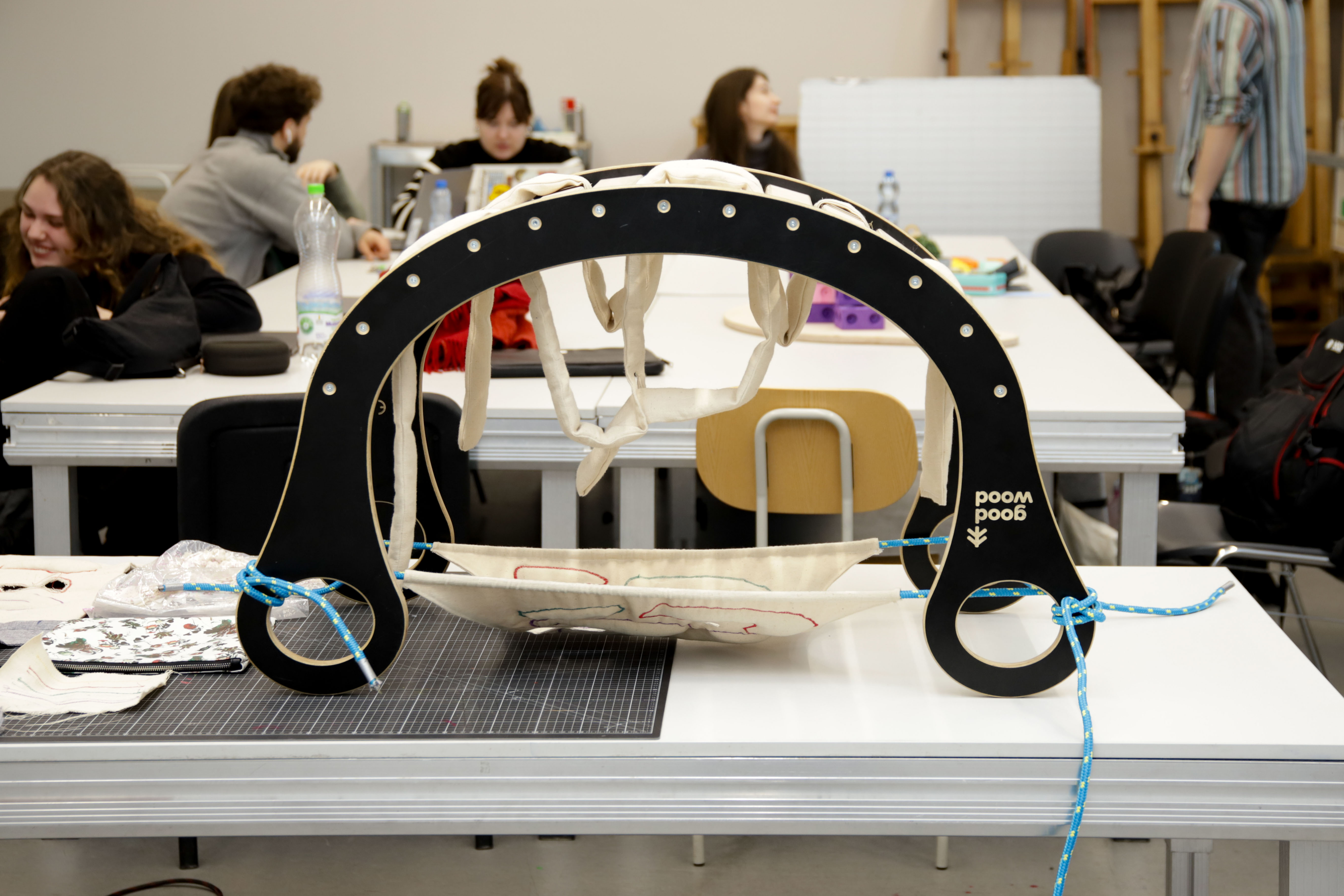 A rocker with a hammock attachment designed by the students.