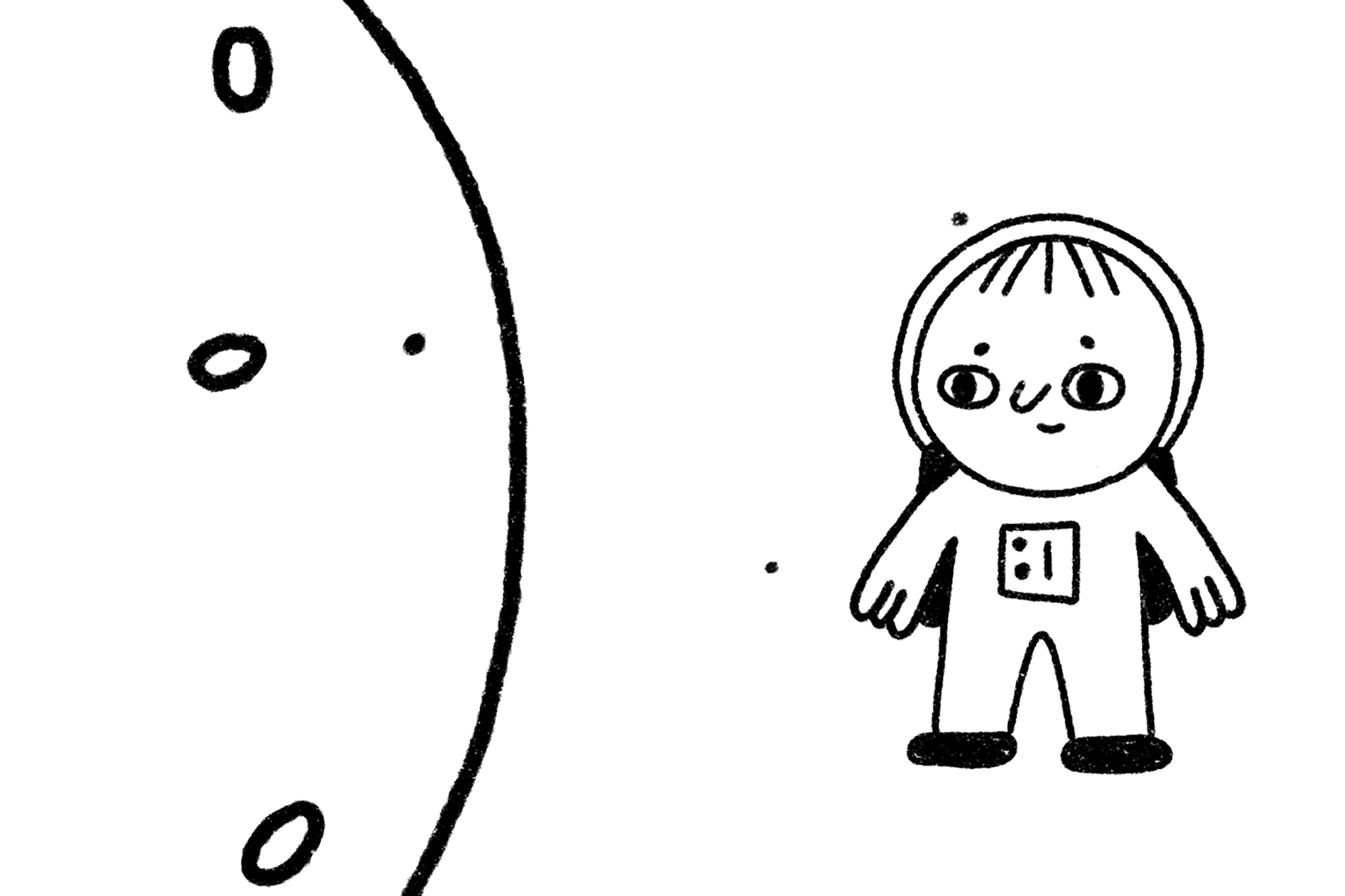 Kadr z filmu animowanego stworzonego przez Łukasza Kosika; przedstawia fragment księżyca oraz astronautę; narysowany w stylu komiksowym