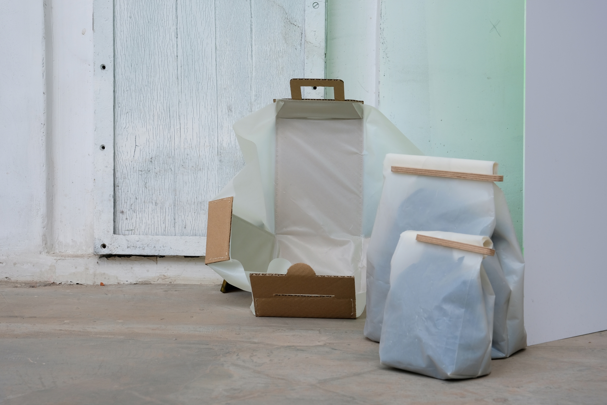 Packages for soil designed by Natalia Drzewiecka, placed by a wall