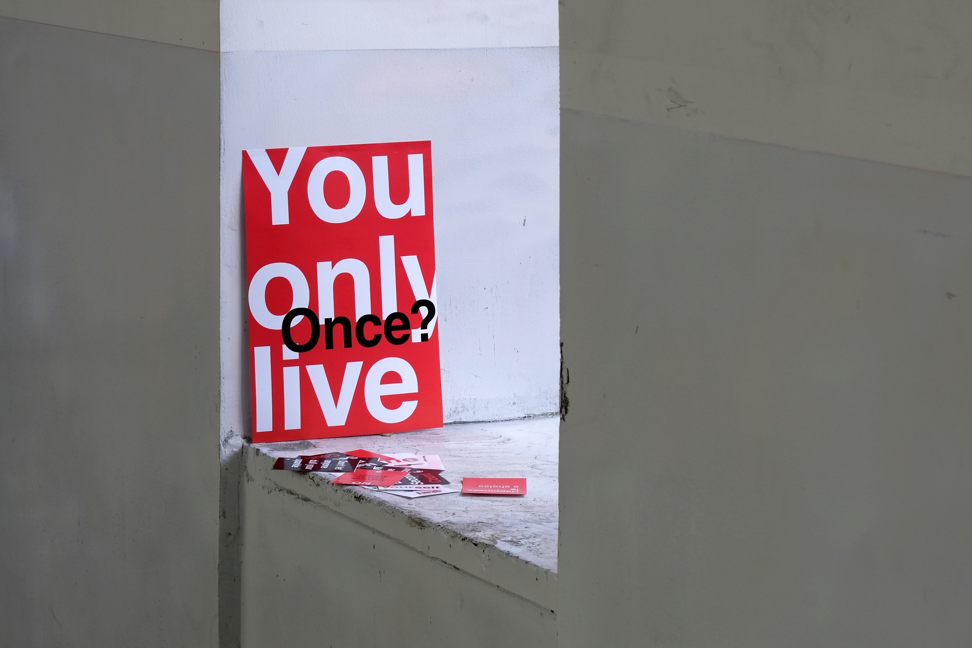 Plakat z anglojęzycznym napisem You only live once? (czy żyje się tylko raz?) zaprojektowany przez Orianę Iżycką stoi oparty o betonową ścianę