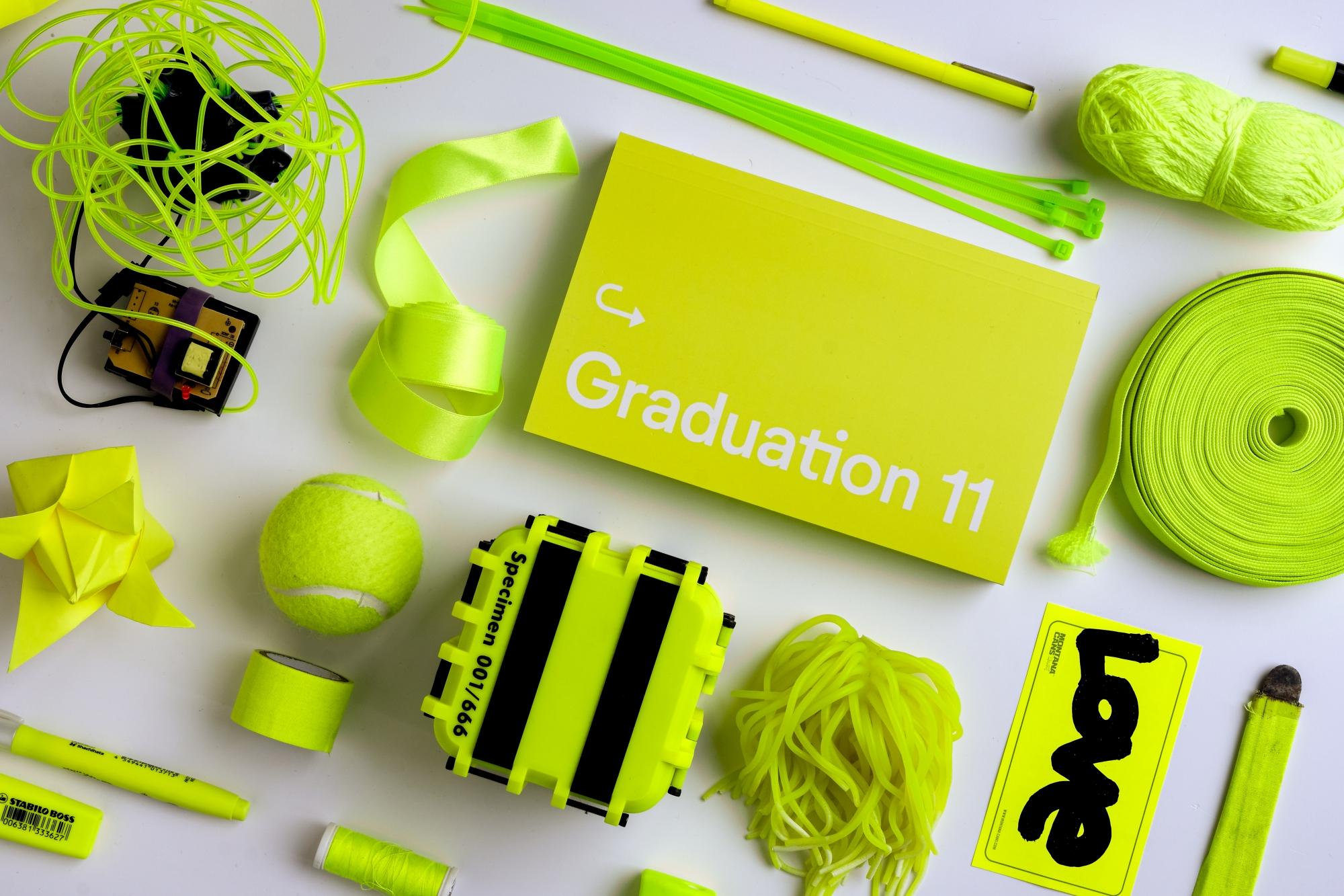 Bird’s-eye view of a table with the Graduation 11 catalog and various objects in the same color as the catalog cover.