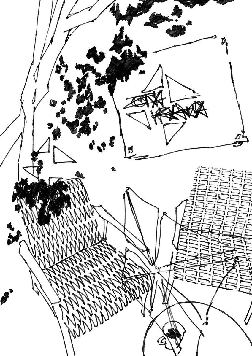 Expressive line sketch showing an angled, top-down view of a cafe table. It depicts a round table, heavily textured chairs, patches resembling leaves, and a hanging poster with stylized, sharp text reading 